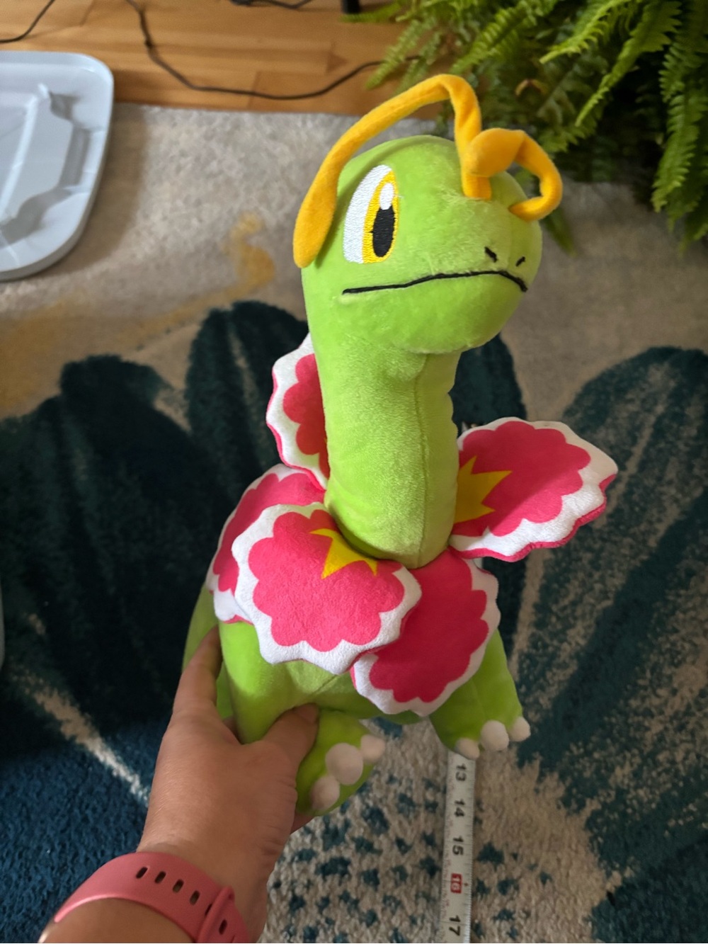 Pokemon Green and Yellow Meganium Plush with Pink Flower Collar